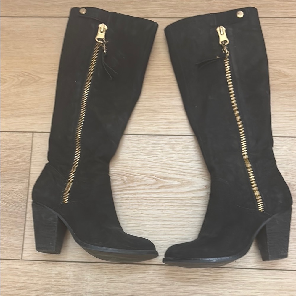 Black Knee-High Boots with Gold Zipper